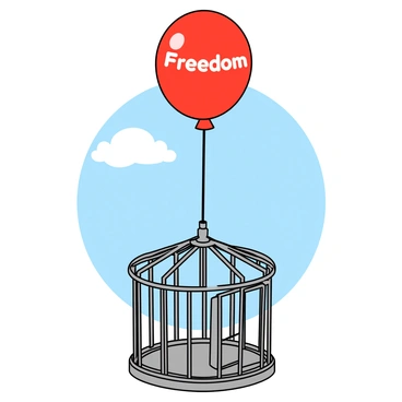 A bright red balloon labeled "Freedom" is floating upward into the sky. The balloon is round and glossy, reflecting sunlight. Below it, an intricate metal cage with an open door is depicted, with the door swinging slightly as if recently opened. The cage is gray and has a circular shape, with thin bars and a small base. The background shows a clear blue sky with a few fluffy white clouds, enhancing the sense of openness and liberation.