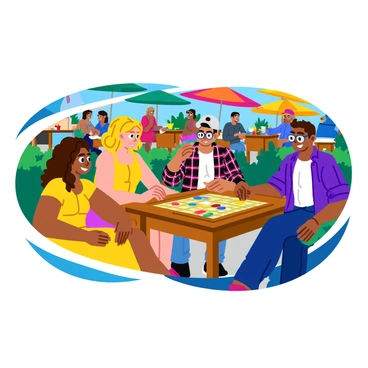 A group of four people is gathered around a wooden table at a lively outdoor café. They are playing backgammon, with colorful pieces and a vibrant board laid out in front of them. Two women, one with long curly hair wearing a bright yellow sundress and the other with short blonde hair in a striped shirt, are intently focused on the game. The two men, one sporting glasses and a plaid shirt while the other has a baseball cap and a casual t-shirt, are animatedly discussing the game. In the background, there are green plants and colorful umbrellas providing shade, while other patrons chat and enjoy their drinks at nearby tables. The sunlight casts playful shadows on the scene.