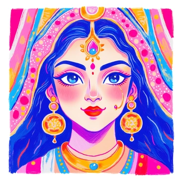 A close-up of "Durga's face" captures her striking features and intricate details. Her face is framed by "colorful traditional fabrics" that showcase rich textures, such as silk and brocade. These fabrics drape elegantly around her head and shoulders, adorned with "intricate patterns" and "vibrant colors" that enhance her divine presence. Her eyes are expressive and powerful, reflecting strength and compassion. "Jewelry" made of gold and precious stones adorns her forehead and ears, adding to the opulence of her appearance. The overall composition highlights the beauty and significance of her visage.