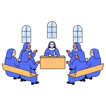 A group of nuns dressed in traditional habits is gathered in a simple chapel. The nuns are positioned in a semicircle, with their heads bowed in prayer. They are surrounded by plain wooden benches and simple stained-glass windows that allow soft light to filter into the room. In the center of the chapel is an altar adorned with a single candle and a modest floral arrangement. The walls are bare, adding to the serene atmosphere of the space.