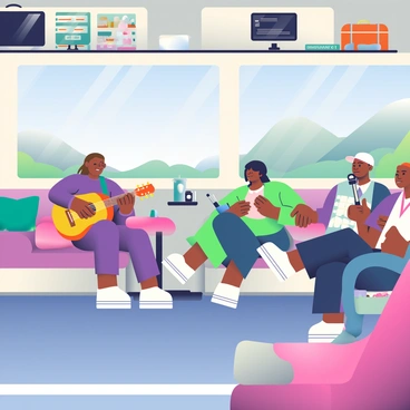 A luxurious tour bus is driving along a scenic road, with large windows revealing a picturesque landscape outside. Inside the bus, a band is relaxing on plush, comfortable seating. The first musician, a man with long brown hair, is strumming a guitar while sitting on a velvet sofa. Another musician, a woman with short black hair, is sitting across from him, holding a microphone and smiling. Nearby, a drummer with a baseball cap is tapping his sticks against his knees, and a keyboardist is leaning back, enjoying the atmosphere. The interior features stylish decor, with soft lighting and a small table filled with snacks and drinks. Personal luggage is neatly stored in the overhead compartments.
