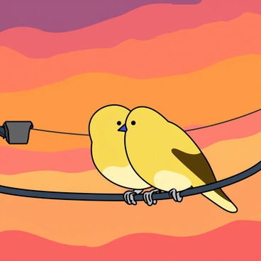 Two small finches with bright yellow feathers are sitting closely together on a thin black telephone wire. Their wings are slightly tucked in, and they have small, round heads with beady eyes. The sunset in the background casts warm hues of orange, pink, and purple across the sky, creating a vibrant backdrop. The silhouettes of the finches are sharp against the colorful sky as they perch side by side peacefully. The wire stretches horizontally, connecting two distant poles, with gentle light illuminating the scene around them.
