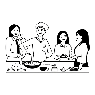 A group of friends gathered in a kitchen, preparing crepes together. One person is pouring batter onto a hot crepe pan while another is flipping a crepe. Laughter fills the air as a third friend holds a plate with an assortment of toppings, including fruits and chocolate sauce. The kitchen is filled with cooking utensils and colorful ingredients scattered across the countertop. Everyone is smiling and engaged in the activity, creating a warm and cheerful atmosphere.