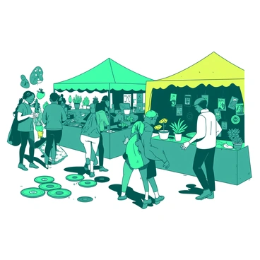 A teal flea market is filled with numerous stalls, each showcasing an array of unique and quirky items. One stall features colorful handmade jewelry, while another displays vintage vinyl records. A vendor in front of a bright yellow tent is selling potted plants and succulents. People of different ages are browsing, with some examining interesting trinkets and others haggling over prices. The atmosphere is lively, with shoppers chatting and children running around, adding to the vibrant energy of the market.