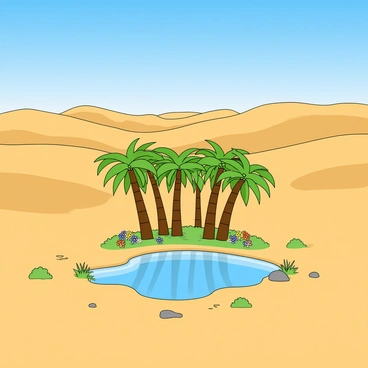 A vast desert landscape stretches across the scene, with golden sand dunes rolling gently under a bright blue sky. In the center, there is a lush oasis surrounded by a cluster of tall, green palm trees, their leaves fanning outwards. At the heart of the oasis, a small pond glimmers under the sunlight, with clear water reflecting the surrounding trees. The ground around the pond is dotted with soft green grass and colorful flowers blooming, adding splashes of color to the sandy surroundings. A few rocks are scattered near the water’s edge, completing this tranquil desert scene.
