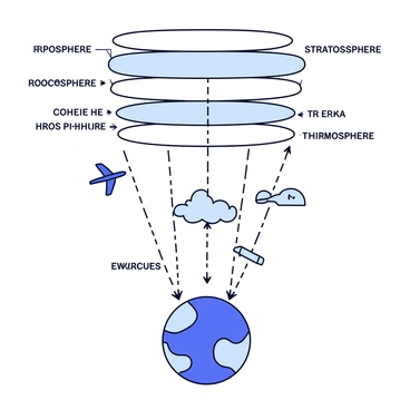 A diagram illustrating Earth's atmospheric layers. The image includes five distinct layers, labeled from the surface upward: troposphere, stratosphere, mesosphere, thermosphere, and exosphere. Each layer is represented in varying shades of blue and white, with arrows indicating the movement of gases between them. Tiny icons of clouds, planes, and satellites are scattered throughout to depict various interactions. A small globe is shown at the bottom, symbolizing Earth, with dotted lines extending upwards to connect with the atmospheric layers.