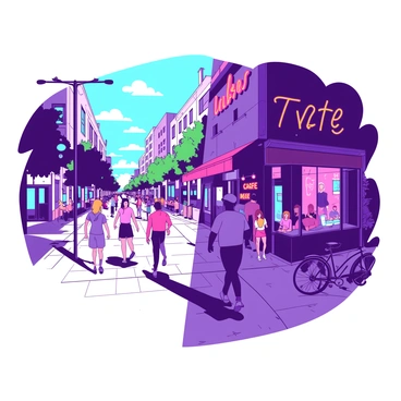 An urban street scene showing one side in daylight with people commuting and the other side at night with neon lights