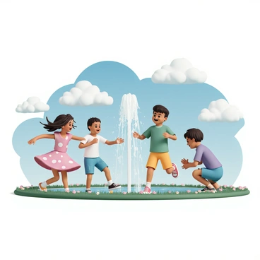 A group of four children, two boys and two girls, are playing joyfully in a park. The first boy is wearing a blue T-shirt and red shorts, and he is running towards a large water fountain, splashing water with his hands. The second boy, dressed in a green T-shirt and yellow shorts, is laughing as he tries to dodge the water. One girl, wearing a pink dress with white polka dots, is twirling around, her hair flying as she enjoys the sunny day. The other girl, in a purple top and denim shorts, is crouched down, trying to catch some water droplets with her hands. The park is lush with green grass and blooming flowers, with a bright blue sky above filled with fluffy white clouds.