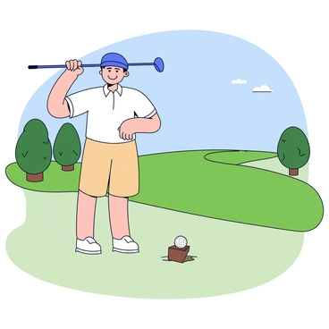 A golfer in a white polo shirt and beige shorts is positioning himself to tee off. He is standing next to a wooden tee, with a bright white golf ball placed on it. The golf club is raised above his head, ready for the swing. The background features a beautifully manicured, lush green golf course that stretches towards the horizon. There are a few trees dotted around and a clear blue sky overhead.