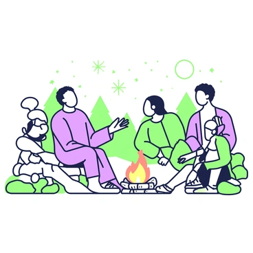 A saint with a long robe and a serene expression is sitting on a log next to a warm campfire. The flames are flickering and casting light on the faces of the surrounding travelers. The travelers, a diverse group of men and women, are seated on the ground or on small rocks, listening intently. Some of them have backpacks and travel gear beside them, suggesting they have journeyed far. In the background, there are silhouettes of trees under a starlit sky. The saint is gesturing animatedly with one hand, while the other is resting on his lap, creating an engaging atmosphere of storytelling.