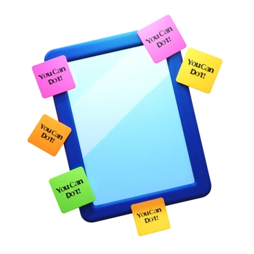 A mirror with a rectangular shape, featuring a frame decorated with colorful sticky notes. The sticky notes display the motivational phrase "You Can Do It!" in bold letters. The notes vary in colors such as pink, yellow, and green. The mirror reflects a subtle light, enhancing the vibrant colors of the sticky notes surrounding it.