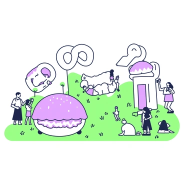 A park filled with giant sculptures resembling different styles of buns
