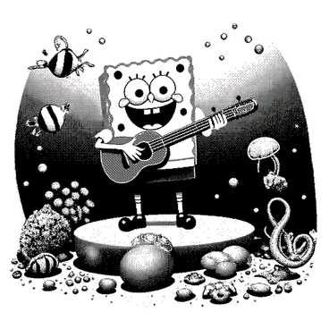 SpongeBob SquarePants is standing on a small stage made of coral, holding a ukulele in his hands. He has a wide smile on his face as he plays. The underwater scene is filled with a variety of sea creatures watching him perform. A cheerful clownfish is swimming near the front, while a group of jellyfish float gracefully in the background. Nearby, a curious octopus has its tentacles resting on a rock, swaying to the music. Bubbles are rising around the stage, creating a lively atmosphere in the ocean depths. The water is clear, allowing visibility of the vibrant aquatic life surrounding SpongeBob.