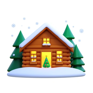 A snow-covered cabin nestled among tall evergreen trees. The cabin is made of rustic logs, with a sloped roof laden with thick snow. Soft golden light emanates from the windows, illuminating the frosty surroundings. Inside, a decorated Christmas tree, adorned with colorful ornaments and twinkling lights, is clearly visible through the front window, adding a warm and festive touch to the winter scene. Snowflakes are gently falling from the sky, creating a tranquil winter atmosphere.