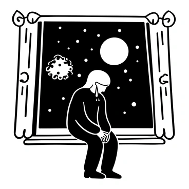 A lone figure sitting by a window, their silhouette outlined against the glass. The figure is hunched over slightly, with their hands resting on their knees. Tear droplets are falling from their chin, tracing paths down their neck. Outside the window, a full moon illuminates the night sky, surrounded by scattered stars. The window frame is detailed, with intricate patterns along the edges. The scene conveys a sense of solitude and longing.