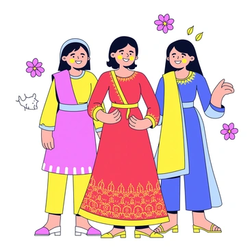 A bride standing in the center, wearing a vibrant red lehenga adorned with intricate gold patterns. She has a joyful expression, her eyes sparkling. On either side of her are her two sisters, both wearing colorful traditional dresses. Each sister has a warm smile, and all three have bright yellow haldi smeared on their cheeks, indicating a festive celebration. The background includes simple floral decorations, enhancing the joyful atmosphere of the moment.