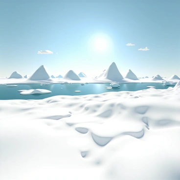 A vast frozen wilderness stretches out, covered in pristine white snow. Towering glaciers rise dramatically in the distance, their icy surfaces shimmering under sunlight. Large icebergs float in the frigid waters, their edges glistening with shades of blue and white. The sky above is a crisp blue, dotted with a few wispy clouds, while the sun casts long shadows across the undulating icy terrain. In the foreground, the snow is marked with intricate patterns, giving a sense of the harsh yet beautiful environment.