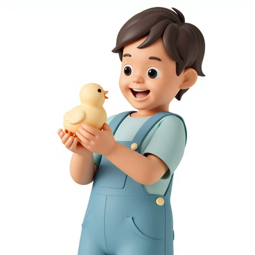 A young child, wearing a light blue shirt and denim overalls, is standing outdoors with a broad smile on their face. The child is holding a fluffy yellow chick gently in their hands. The chick has soft feathers and is looking up at the child. The child's hair is slightly tousled by the breeze, and their eyes are sparkling with joy as they look down at the chick.