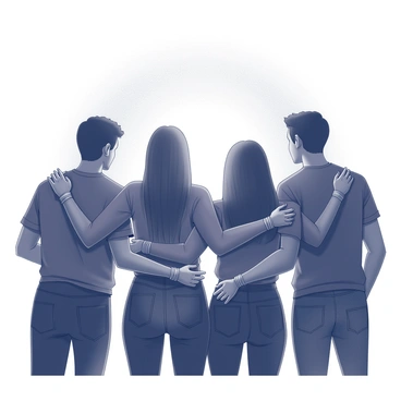 A group of friends stands close together, their figures forming a distinct silhouette against a fading sunset. The horizon features a blend of monochrome tones as the sun sets, casting a soft gradient. Each friend wears several bracelets, which are emphasized in the light, creating a contrast against their darkened forms. Their postures convey a sense of camaraderie, with arms intertwined and heads turned towards each other, highlighting the bonds they share. The overall composition captures the essence of friendship during a tranquil moment.