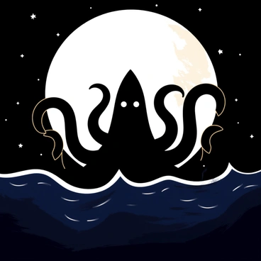 A dark silhouette of a kraken with long, curling tentacles is positioned against a bright full moon. The moon casts a soft light, illuminating the dark ocean waves below. The ocean reflects the moonlight, creating a shimmering effect on the water's surface. The kraken appears dramatic and imposing, as its tentacles stretch outwards into the night sky. The scene captures a sense of mystery, with stars twinkling faintly in the background.