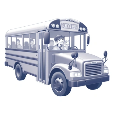 A school bus is parked with visible details such as sturdy wheels and large windows. Inside the driver's seat, a friendly bus driver is smiling and waving. The driver is wearing a cap and a uniform, showcasing a warm demeanor. The interior of the bus has a steering wheel and a dashboard with various controls visible. The background may include schoolchildren boarding the bus or standing nearby in anticipation.