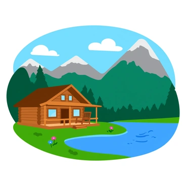A tranquil mountain retreat set with a cozy log cabin overlooking a pristine lake and towering peaks