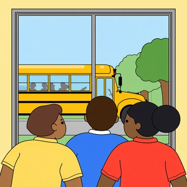 A group of five students with varying skin tones and hairstyles are gathered by a large window in a bright classroom. They are leaning forward, their faces filled with excitement as they look out. The students are wearing colorful school uniforms; one has a yellow shirt, another a blue shirt, and a third is in red. The school bus is pulling up outside, a vibrant yellow color with large windows. The bus driver is visible, waving at the students. The background features green trees and a clear blue sky, contributing to the lively atmosphere.