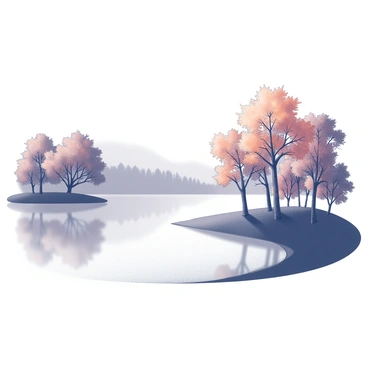 A misty lake surrounded by trees in autumn. The surface of the lake is smooth, reflecting the shapes and patterns of the trees on its surface. The trees are abundant, with a variety of branches and trunks. The leaves have distinct shapes, showcasing a mix of "orange" and "red" hues. A soft mist hangs over the water, creating a blurred effect, while the background remains subtly detailed in its silhouette.