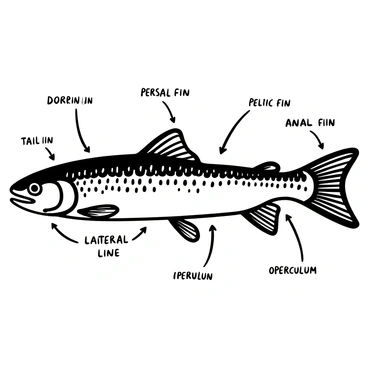 A rainbow trout swimming through water, showcasing its elongated body and distinctive coloration in black and white. The illustration includes various labeled anatomical features such as the dorsal fin, pectoral fin, pelvic fin, anal fin, and tail fin. The trout's scales are depicted with fine lines, highlighting their texture and pattern. Surrounding the fish, several labels point toward specific features like the lateral line and operculum, providing a clear educational reference for viewers.