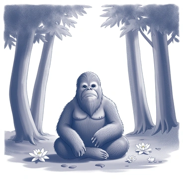 Chewbacca is seated cross-legged in a tranquil forest clearing, surrounded by tall trees with thick trunks and lush green foliage. His fur is detailed, showing various textures and shades of brown, and he has a peaceful expression on his face. Around him, several lotus flowers bloom in the soft, dappled light filtering through the tree canopy. The ground is covered with a mix of soft grass and scattered leaves, enhancing the serene atmosphere. A gentle breeze stirs the leaves above, creating a calm and harmonious environment.