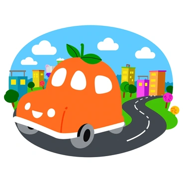 A quirky vehicle shaped like a giant orange, complete with green leaves on top, is driving down a winding road. The vehicle has big, round windows that resemble orange slices, and a happy face is painted on the front. Surrounding the vehicle is a vibrant cartoonish cityscape with smiling buildings, each painted in bright colors. The sky is a cheerful blue with fluffy white clouds floating by. The road is lined with colorful flowers and trees, adding to the playful atmosphere.