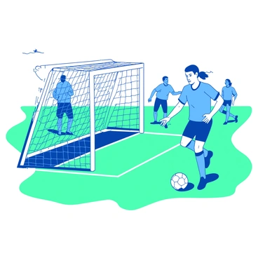A blue soccer player wearing a jersey and shorts is about to kick a white soccer ball into a goal net. The soccer goal is situated at the center of the image, with its white netting taut and ready to catch the ball. The player is mid-action, with one leg raised and a determined expression focused on the ball. The field is a vibrant green, and there are blurred figures of other players in the background, engaging in the match. The sky is a light shade, reflecting the daylight of an afternoon game.