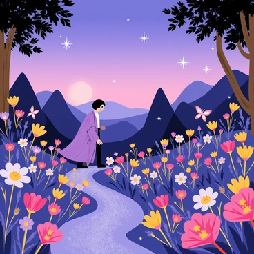 A twilight garden filled with various flowers and plants, bathed in soft purples and blues. The sky transitions from daylight to night, with twinkling stars just beginning to appear. The Sandman, a whimsical figure dressed in flowing robes, walks through the garden, leaving behind trails of shimmering sand that glisten in the fading light. The sand sparkles as it catches the last rays of the sun, creating a magical glow around the colorful blossoms. Butterflies with iridescent wings flutter among the petals, adding to the enchanting atmosphere.
