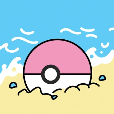 A red and white Poké Ball, partially buried in golden sand, with the upper half visible above the surface. The beach is bright and sunny, characterized by a clear blue sky. Gentle waves are crashing onto the shore, creating a frothy white foam around the sand. Sunlight glistens on the water, reflecting a shimmering effect. Small seashells can be seen scattered around the area near the Poké Ball, adding to the beach ambiance.