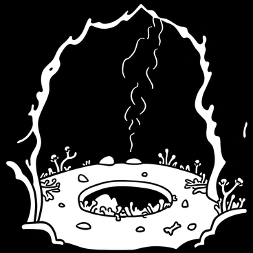 A dark cave with jagged rock formations and damp surfaces, the ground uneven and strewn with small stones. Shadows stretch across the walls, creating an eerie atmosphere. In the center of the cave, a small, murky pool reflects the minimal light, surrounded by various twisted roots and moss. A few scattered bones lay on the ground, hinting at past inhabitants. The air appears thick with moisture, and ethereal wisps float close to the ceiling, enhancing the mysterious ambiance of the space. Hidden nooks and crannies invite curiosity, suggesting a labyrinthine depth within the cave.