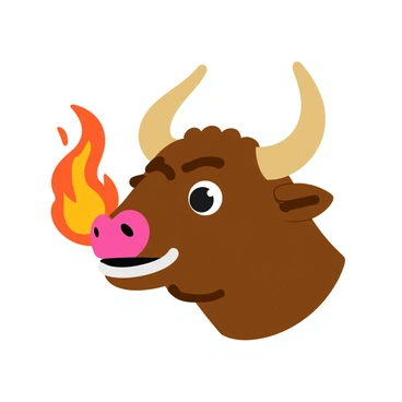 A bull's head with detailed features and fierce expression is depicted. The bull is exhaling bright orange and red flames, which curl and twist as they escape its mouth. The flames engulf the bull's prominent horns, creating a dramatic effect as they blaze with vibrant colors. The background is simple to highlight the powerful image of the bull's head and the intense flames.