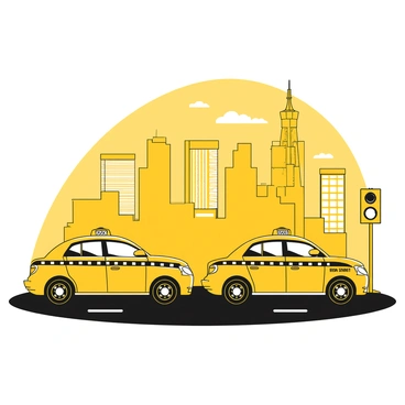 An empty taxi stand is positioned prominently in the foreground, featuring a row of vacant yellow taxis parked in designated spots. The ground is paved with dark asphalt. In the background, a skyline of tall skyscrapers rises against the sky, showcasing various architectural designs including glass facades and steel structures. The buildings are silhouetted against the horizon, creating a stark contrast with the taxi stand. The scene is devoid of people and activity, emphasizing the stillness of the moment.