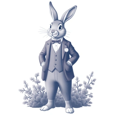 A rabbit standing upright, wearing a classic Edwardian suit with a waistcoat and a bow tie. The rabbit has detailed fur texture, with long ears perked up and a sophisticated expression. The attire is complemented by a pocket watch tucked into the waistcoat pocket. The scene includes a lush garden with leafed plants and flowering bushes, providing a natural setting that frames the rabbit's elegant appearance.