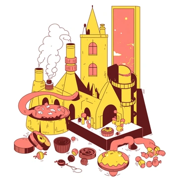 A yellow fantastical chocolate factory stands tall with whimsical architecture and oversized features. Enormous candy machines are filling the space, with mechanical arms reaching out to create various confections. Tubes of rich, flowing orange liquid chocolate twist and turn throughout the factory, connecting different machines. Colorful candies are being produced and packaged in vibrant wrappers around the factory. A tall window showcases a glowing orange sky outside, enhancing the magical atmosphere of the scene.