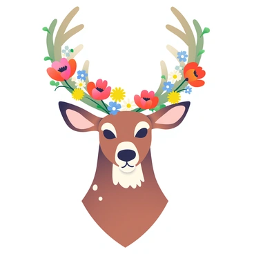A deer's head is positioned prominently in the center of the image. Its antlers are intricately intertwined with a crown of colorful wildflowers, including vibrant red poppies, yellow daisies, and blue cornflowers. The deer's fur is a rich brown with lighter patches, and its large, expressive eyes are looking directly at the viewer. The background is softly blurred, enhancing the focus on the deer's head and the floral crown. Each flower is detailed, showcasing delicate petals and bright green leaves that enhance the overall composition.
