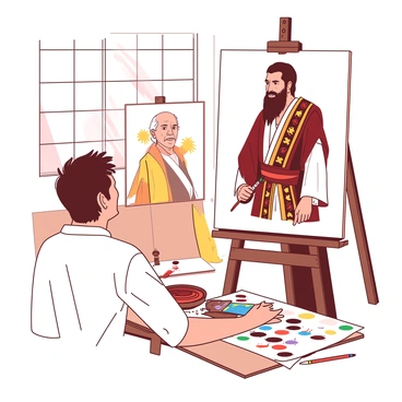 An artist is sitting at a wooden easel, intently sketching a "historical figure" dressed in "traditional attire." The artist has short brown hair and is wearing a white shirt with rolled-up sleeves. The historical figure, a man with a long beard, is adorned with an intricately patterned robe that drapes elegantly around him. The robe is complemented by a decorative sash around his waist. In the background, there are colorful art supplies scattered on the table and a canvas showcasing the initial outlines of the figure. Natural light filters through a nearby window, illuminating the scene.
