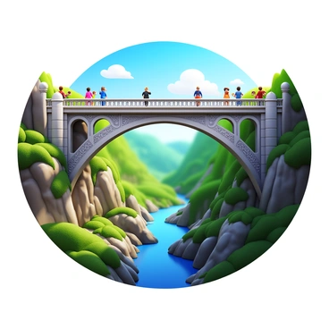 A majestic bridge spanning a deep valley. The bridge features intricate architectural details, with arches and railings embellished with ornate designs. People are walking on the bridge, some leaning on the railings and looking down into the valley. Others are taking photos, capturing the stunning scenery around them. The valley below displays a patchwork of lush greenery and rocky outcrops, with a river flowing at its base. The sky above is clear, allowing for bright sunlight to illuminate the scene.