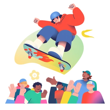 A vibrant sports banner features a skateboarder with dark hair wearing a bright blue helmet and a red hoodie. The skateboarder is performing an impressive trick in mid-air, with legs extended and one arm raised for balance. The skateboard is illustrated with a striking graphic design featuring flames. Below, a crowd of excited spectators with raised hands and colorful clothing is visible, cheering on the skateboarder. The banner's background consists of abstract shapes in bright colors, enhancing the energetic atmosphere of the scene.