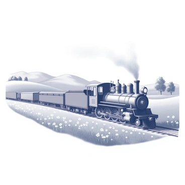 A vintage steam train moves along a set of tracks, its locomotive billowing smoke as it travels. The train consists of multiple carriages with ornate details, reflecting a classic design. It passes through expansive green pastures dotted with wildflowers. In the background, rolling hills rise gently, providing a sense of depth to the scene. A few scattered trees frame the landscape, adding to the rural charm. The sky above is clear, allowing for a bright atmosphere that enhances the overall setting.