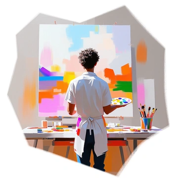 An artist with medium skin and curly hair stands in front of a large canvas wall, intently examining their work. The canvas wall is filled with a variety of artworks, showcasing different art styles including abstract patterns, realistic portraits, and vibrant landscapes. The artist is dressed in a paint-splattered apron and is holding a palette with an array of colorful paints. Nearby, brushes of various sizes are placed on a table, adding to the creative atmosphere. Bright lighting illuminates the canvas wall, highlighting the textures and colors present in the artworks.