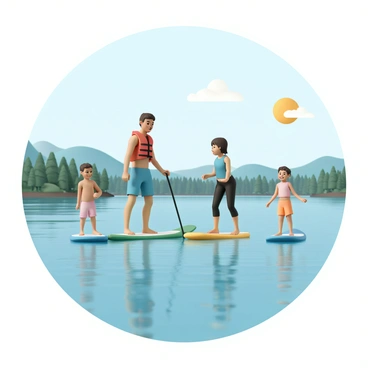 A family of four is stand-up paddleboarding together on a clear, blue lake. The father, wearing a red life jacket and blue swim trunks, stands at the front, expertly balancing on a bright green board. The mother, dressed in a blue tank top and black leggings, balances on a yellow board next to him. Their two children, a young girl in a pink swimsuit and a young boy in orange swim trunks, are on matching blue boards, giggling as they try to keep their balance. The sun is shining brightly above, casting reflections on the water's surface, while the surrounding landscape features lush green trees and distant mountains.