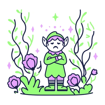A tiny elf with a frown and crossed arms is standing in a magical forest. The elf has pointed ears and is dressed in a green outfit with purple accents. Surrounding the elf are tall, thin trees with twisting branches and oversized leaves. Brightly colored flowers with intricate designs bloom at the base of the trees. In the background, hints of sparkling light suggest the presence of magical creatures, adding to the enchanting atmosphere of the forest. The elf's expression conveys clear frustration, contrasting with the whimsical setting.