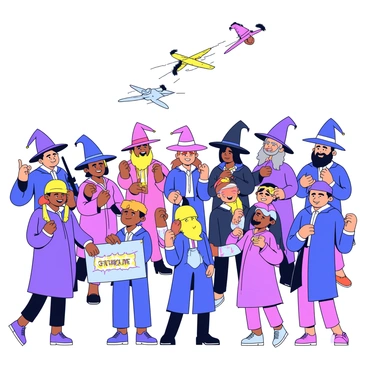 A diverse crowd of wizards and witches stands together, all dressed in colorful robes and pointed hats. Some wizards have long beards, while witches sport various hairstyles and magical accessories. The crowd is animated, with expressions of excitement and anticipation as they watch a quidditch game taking place in the background. In the foreground, a few individuals are holding banners and snacks, while others point towards the action in the sky. The setting is filled with vibrant colors and dynamic poses, capturing the energy of the moment.