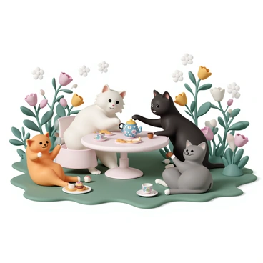 A group of four happy cats gathered around a small round table set for a tea party in a lush garden. One cat, a fluffy white Persian, sits on a chair with a delicate teacup in front of it. Another cat, a sleek black Siamese, is pouring tea from a colorful teapot. A playful orange tabby is reaching for a plate of small pastries, while a gray tabby lounges on the grass, watching the others with a content expression. The garden is filled with vibrant flowers and greenery, with sunlight filtering through the leaves, creating a cheerful atmosphere.