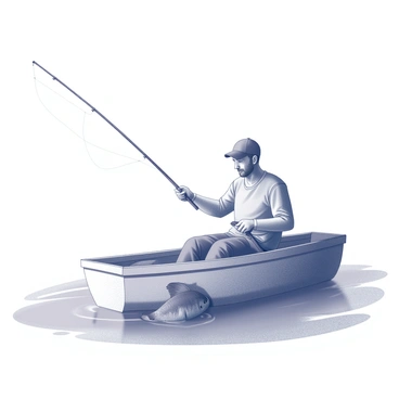 A fisherman is sitting in a small wooden boat, which is gently swaying on the water's surface. He is holding a fishing rod, which extends out over the side of the boat. The line is cast into the water, with a flounder breaking the surface as it is being reeled in. The fisherman has a focused expression on his face, embodying the concentration of the catch. Around the boat, the water is calm, and the scene captures a sense of tranquility as the sun sets in the background, casting gentle ripples.